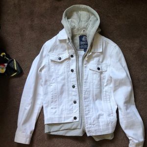 A white jean jacket with hood size men’s small